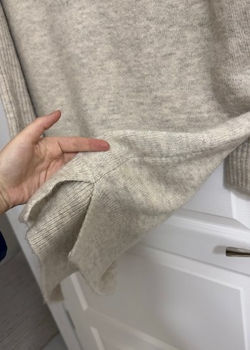 Bej V Yakalı Örgü Kadın Kazak/tunik/elbise - Görsel 3