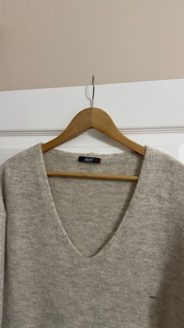 Bej V Yakalı Örgü Kadın Kazak/tunik/elbise - Görsel 2