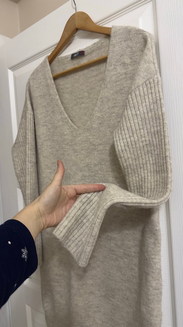 Bej V Yakalı Örgü Kadın Kazak/tunik/elbise - Görsel 4