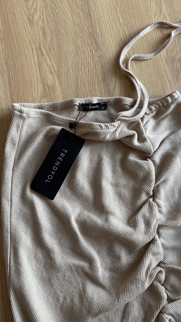 Bej Drapeli Mini Etek - Görsel 3