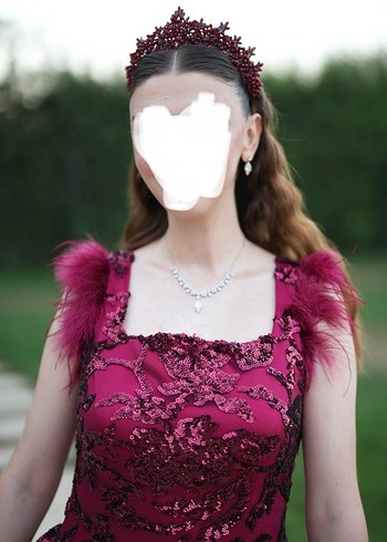 Bordo Dantel Desenli Uzun Kabarık Kına Elbisesi - Görsel 2