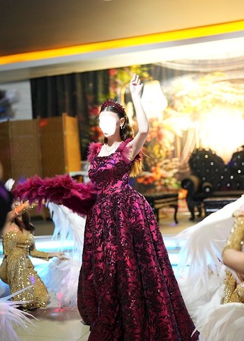 Bordo Dantel Desenli Uzun Kabarık Kına Elbisesi - Görsel 3