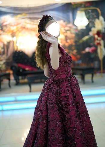 Bordo Dantel Desenli Uzun Kabarık Kına Elbisesi - Görsel 4