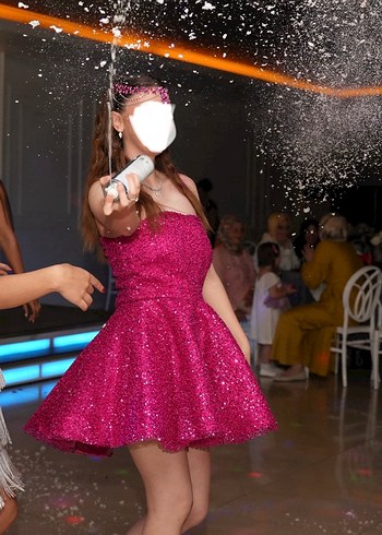 Pembe Simli Straplez Midi Abiye Elbise - Görsel 2