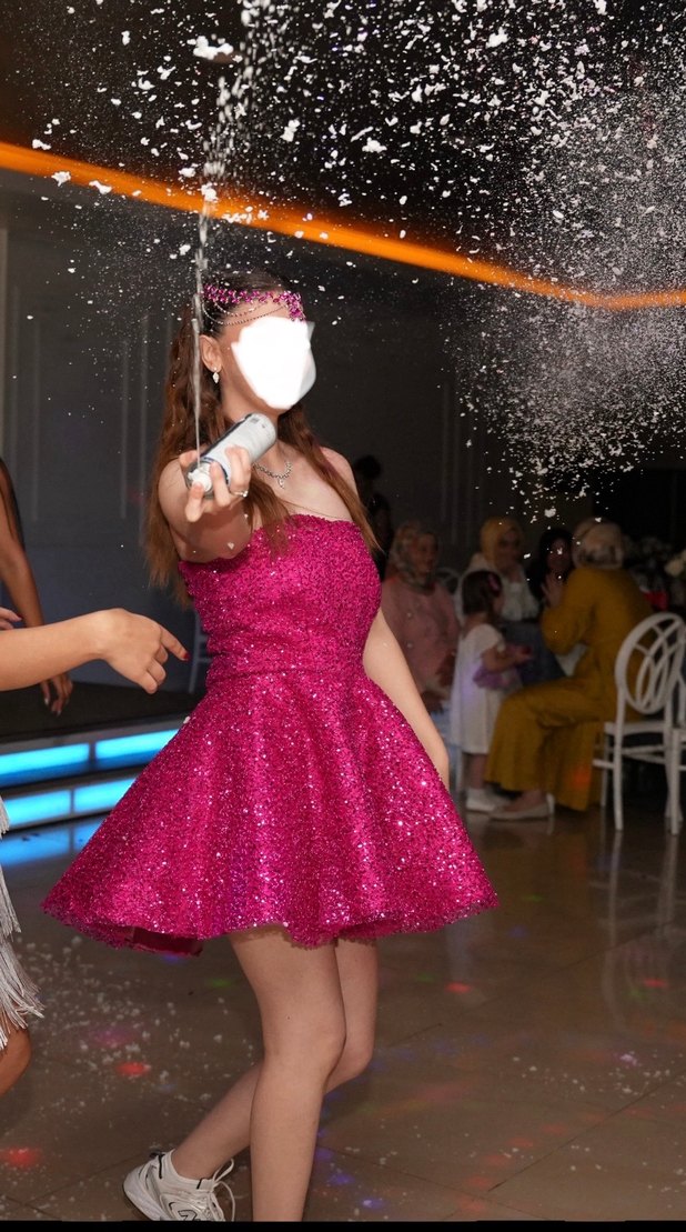 Pembe Simli Straplez Midi Abiye Elbise - Görsel 2