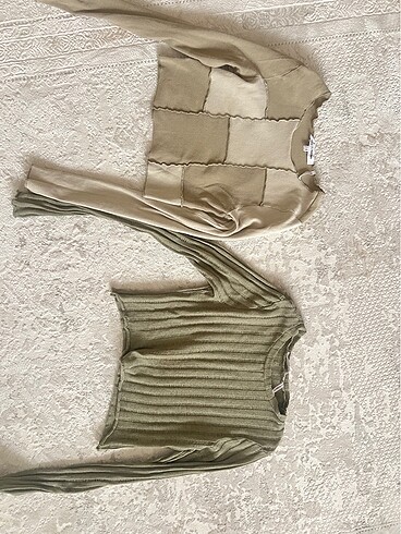 xs Beden haki Renk CROP BLUZ UZUN KOLLU KOTON