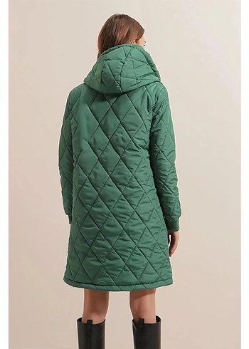 Uzun Yeşil Kadın Kışlık Mont Kapüşonlu - Görsel 5