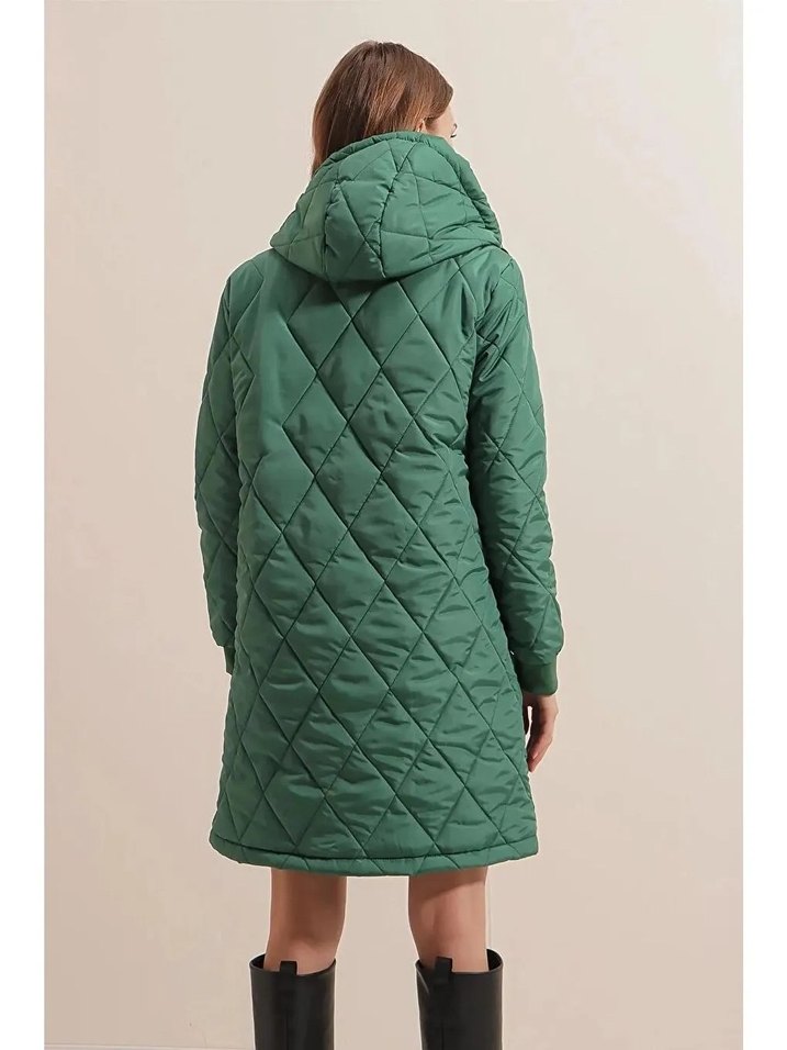 Uzun Yeşil Kadın Kışlık Mont Kapüşonlu - Görsel 5