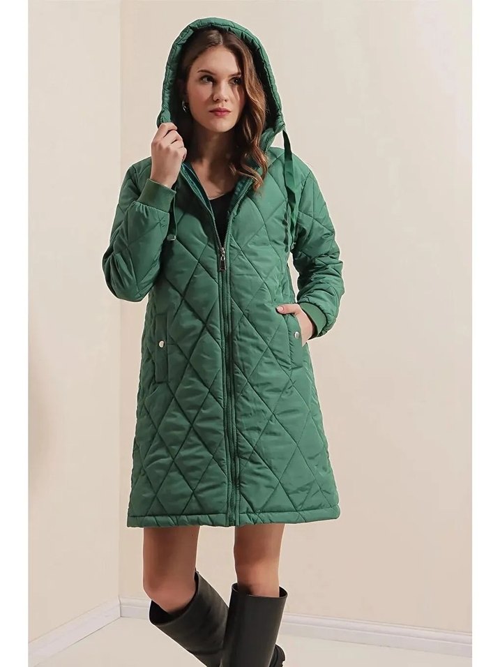 Uzun Yeşil Kadın Kışlık Mont Kapüşonlu - Görsel 4