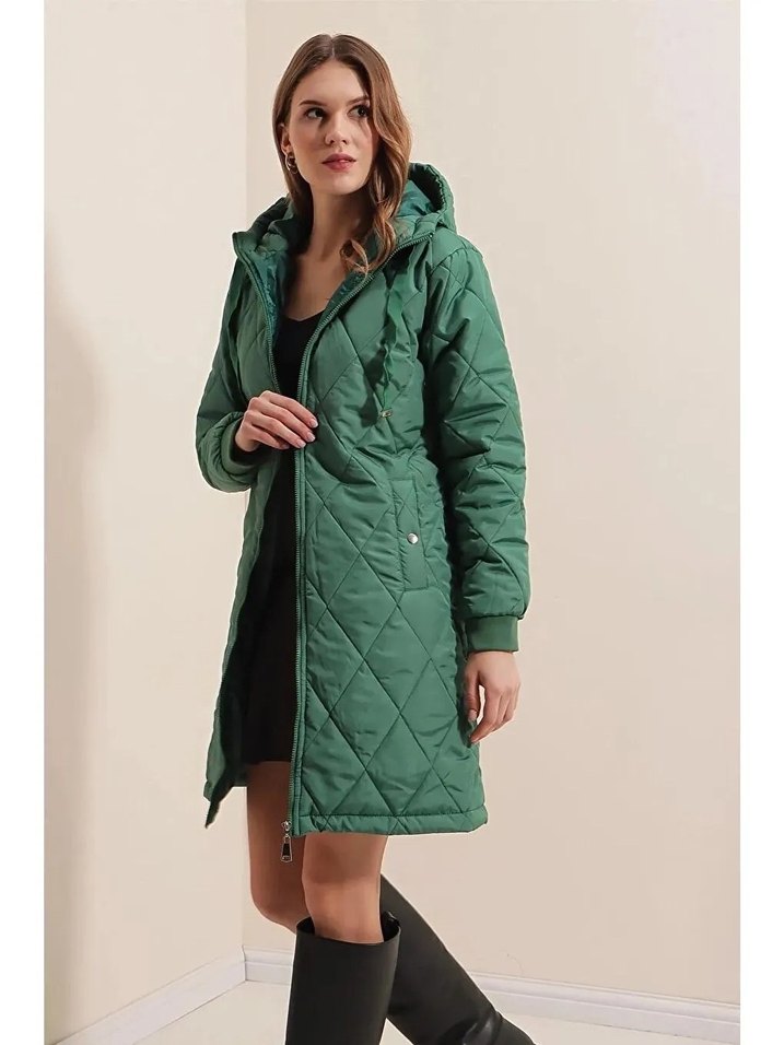 Uzun Yeşil Kadın Kışlık Mont Kapüşonlu - Görsel 2