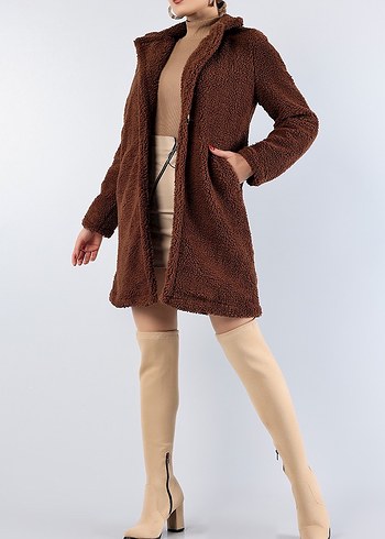 Kahverengi Midi Peluş Kadın Kaban - Görsel 3