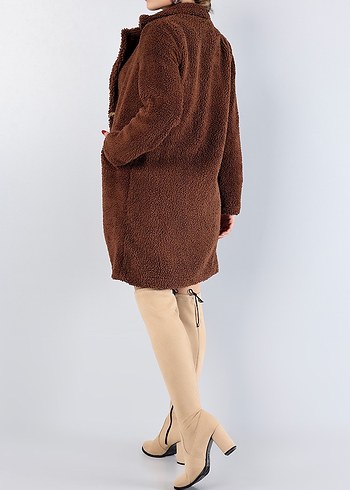 Kahverengi Midi Peluş Kadın Kaban - Görsel 2