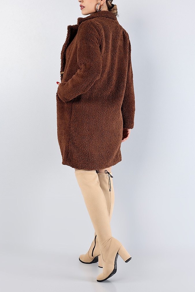 Kahverengi Midi Peluş Kadın Kaban - Görsel 2
