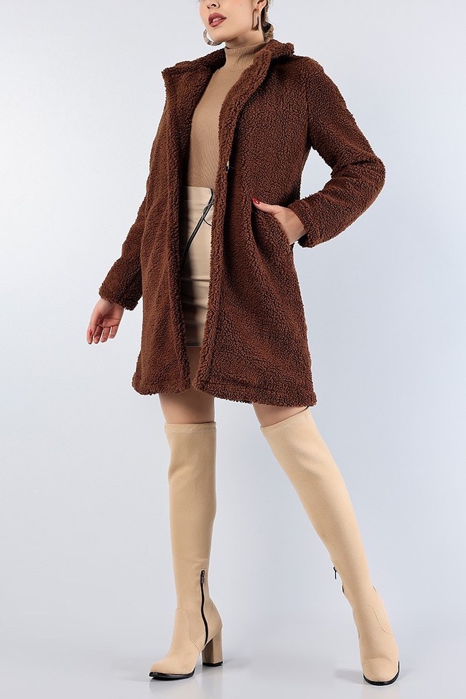 Kahverengi Peluş Midi Kadın Kaban - Görsel 3