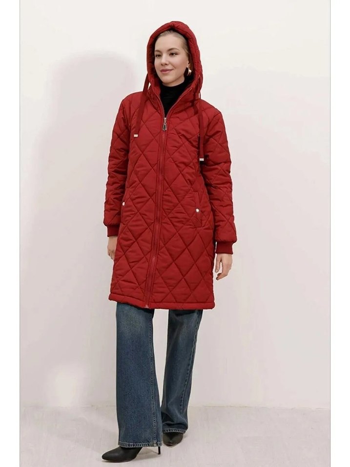 Bordo Kapitone Kapüşonlu Kadın Kışlık Mont - Görsel 2