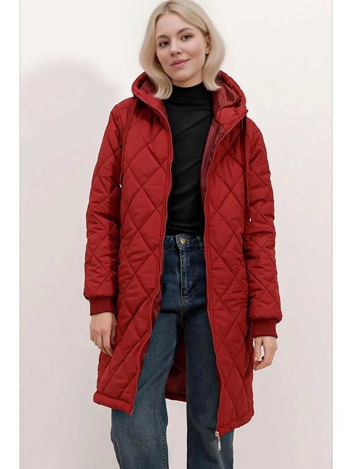 Bordo Kapitone Kapüşonlu Kadın Kışlık Mont - Görsel 4