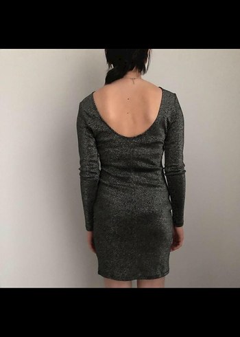 36 Beden gri Renk Siyah Gri Uzun Kollu Mini Elbise