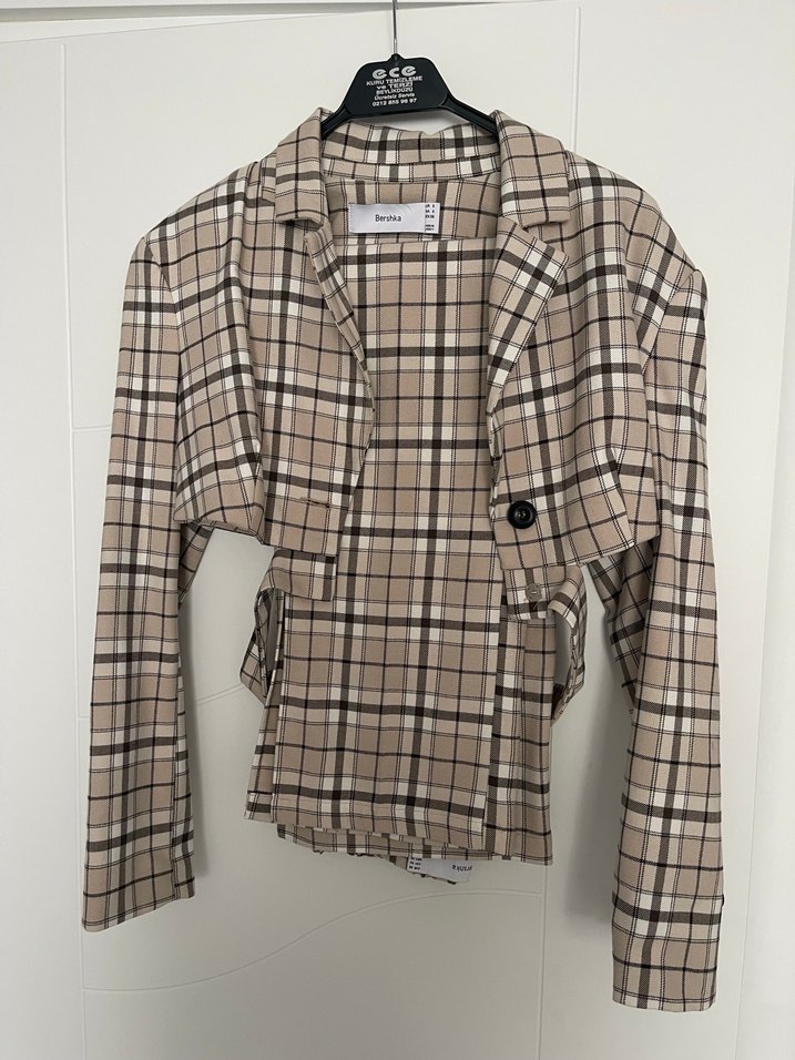 Düğmeli Kısa Bej Ekose Kadın Takım - Görsel 2