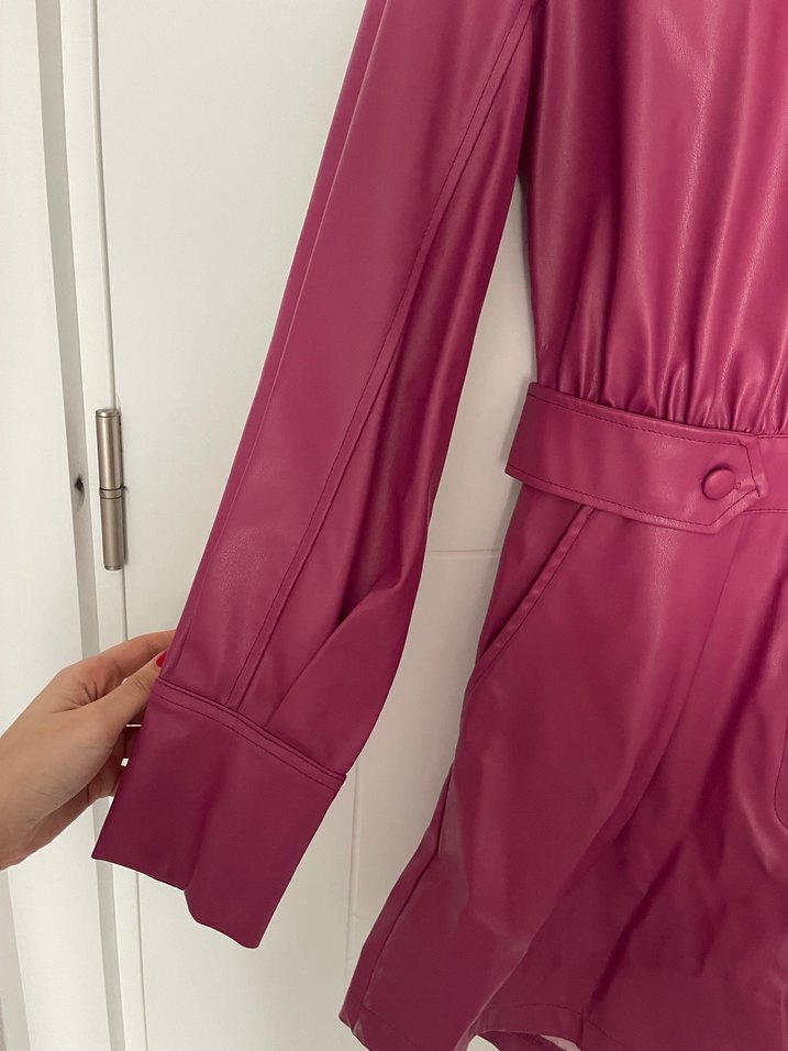 Düğmeli Pembe Deri tulum kısa - Görsel 3