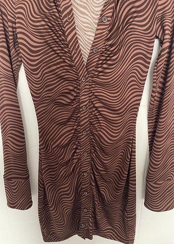 Kahverengi Zebra Desenli Uzun Kollu Mini Elbise - Görsel 2