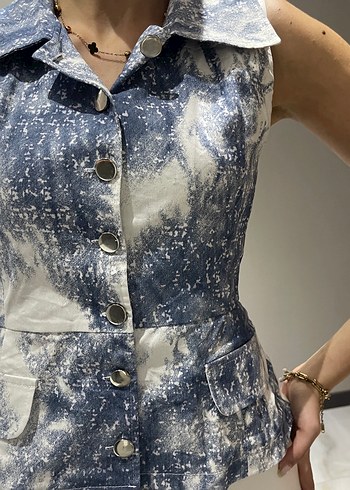 Kadın Batik Desenli Denim Yelek - Görsel 2