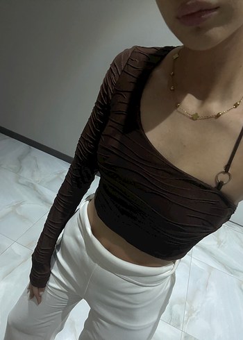 Kahverengi Tek Omuzlu Drapeli Bluz - Görsel 3