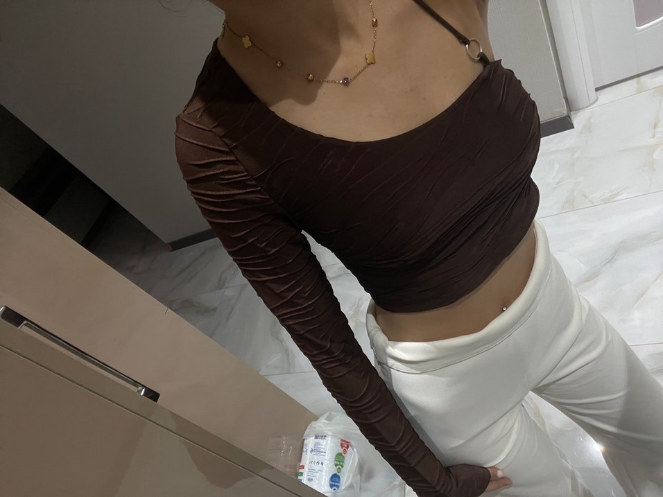 Kahverengi Tek Omuzlu Drapeli Bluz - Görsel 2