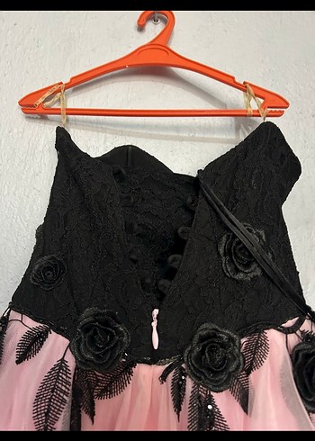 Abiye Pembe Siyah Straplez Gotik Mini Elbise