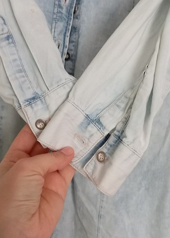l Beden Düğmeli Uzun Kollu Denim Kadın Gömlek