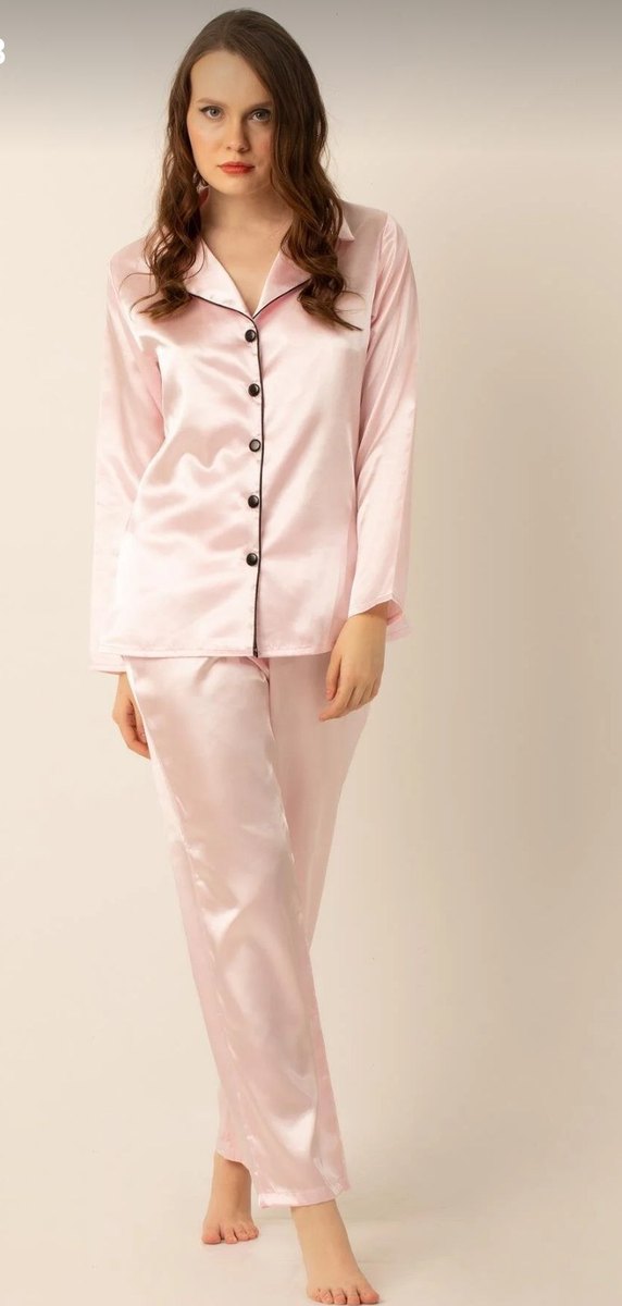 Pembe Saten Kadın Pijama Takımı - Görsel 2