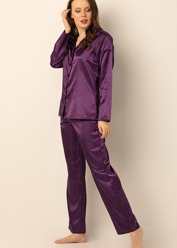 m Beden Parlak Mor Kadın Saten Pijama Üstü