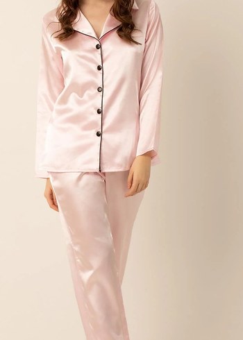 l Beden Pembe Uzun Kollu Midi Saten Kadın Pijama Takımı