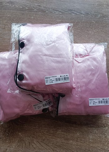l Beden pembe Renk Pembe Uzun Kollu Midi Saten Kadın Pijama Takımı