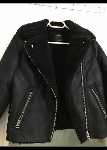 xs Beden Kürklü Siyah Deri Biker Ceket BERHKA