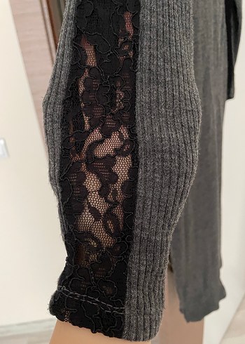 Gri Balıkçı Yaka Triko Uzun Elbise dantel yırtmaç detaylı - Görsel 2