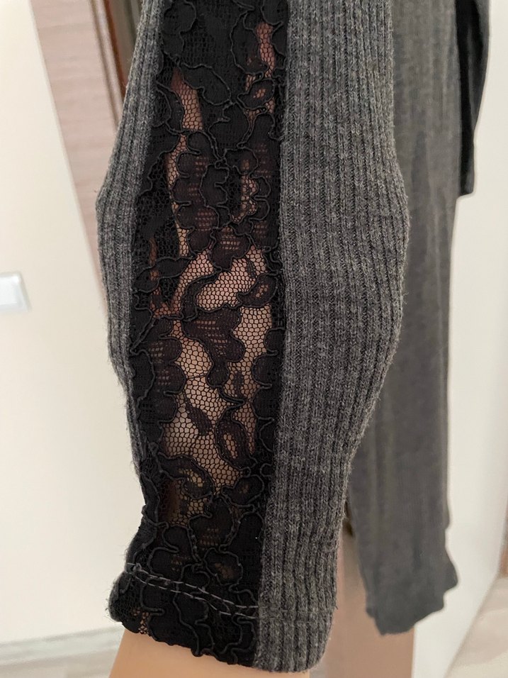 Gri Balıkçı Yaka Triko Uzun Elbise dantel yırtmaç detaylı - Görsel 2