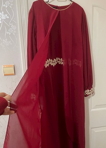 Bordo Nakışlı Uzun Kollu Kadın Elbise abiye - Görsel 3