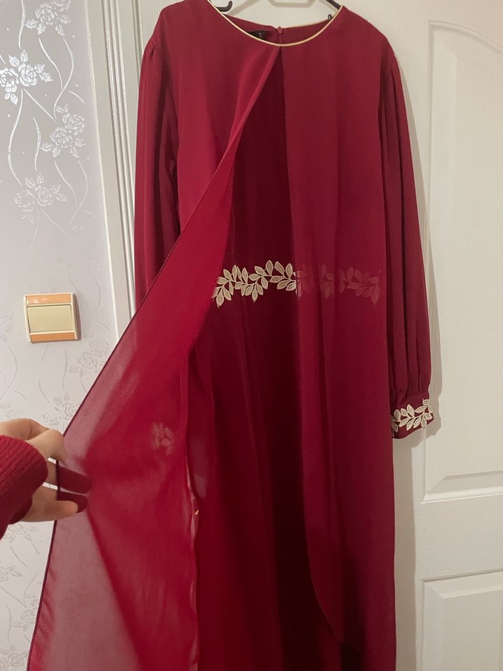 Bordo Nakışlı Uzun Kollu Kadın Elbise abiye - Görsel 3