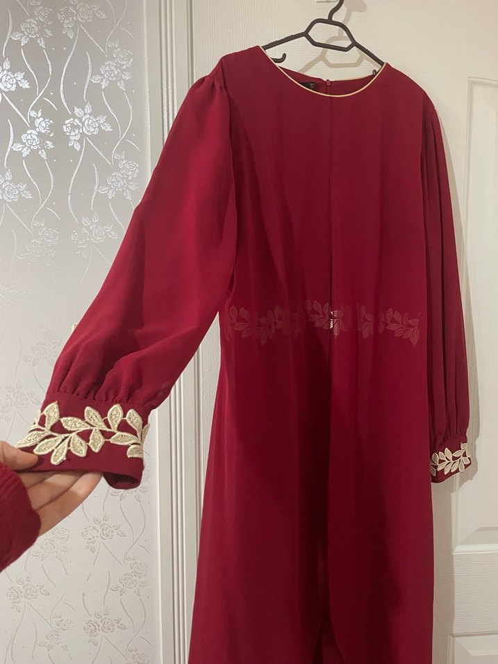 Bordo Nakışlı Uzun Kollu Kadın Elbise abiye - Görsel 2