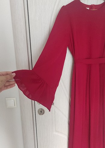 Trendyol & Milla Koyu Kırmızı Uzun Kollu Drapeli Kadın Tesettür Elbise
