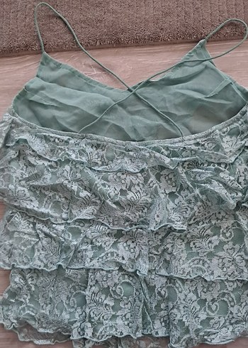 36 Beden turkuaz Renk Nakışlı Fırfırlı Bohem Mini Atlet