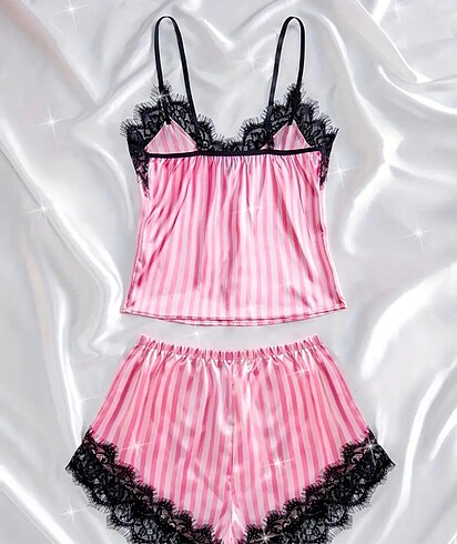 Sheinside Kontrast Dantel Çizgili Pijama Takımı, V Yaka Üst ve Fiyonklu Sa
