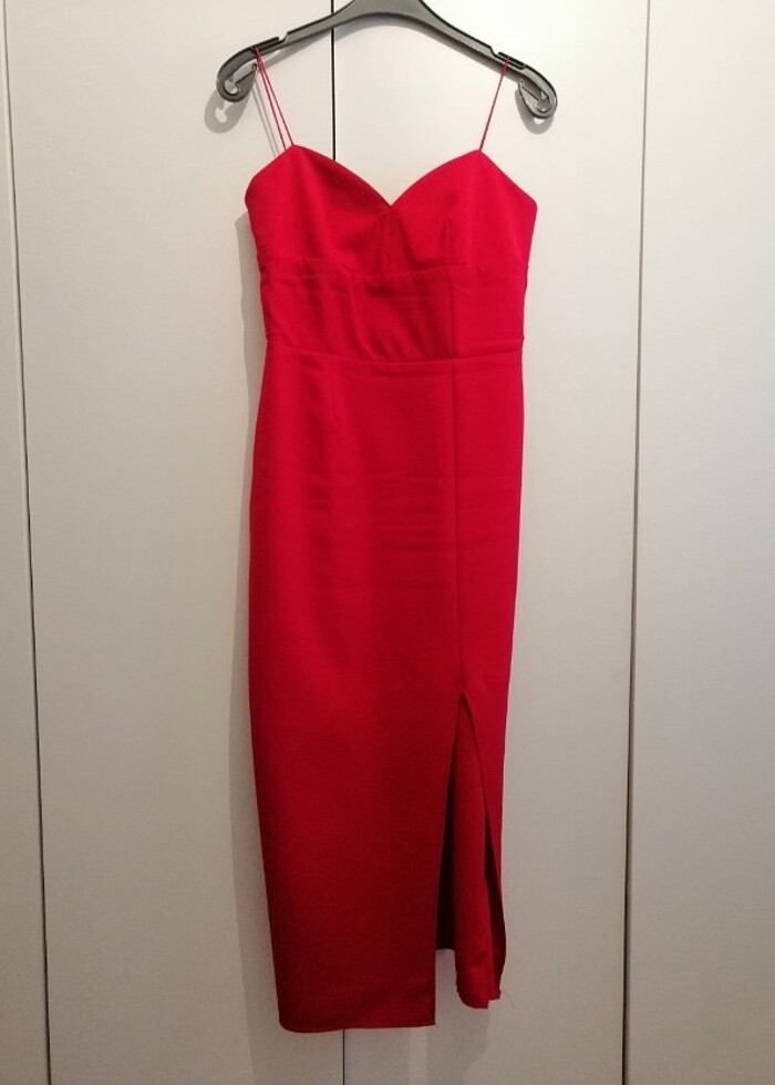 İp askılı midi boy kırmızı elbise - Görsel 4