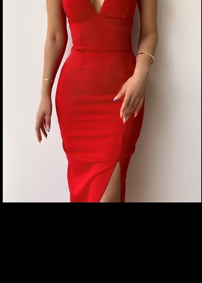 İp askılı midi boy kırmızı elbise - Görsel 2