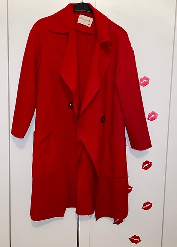 Düğmeli Kırmızı Kadın Uzun Kaban - Görsel 2