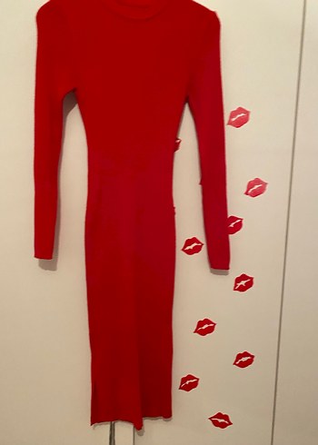 Kemerli Uzun Kollu Kırmızı Kadın Elbise - Görsel 2