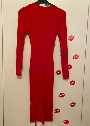 Kemerli Uzun Kollu Kırmızı Kadın Elbise - Görsel 3