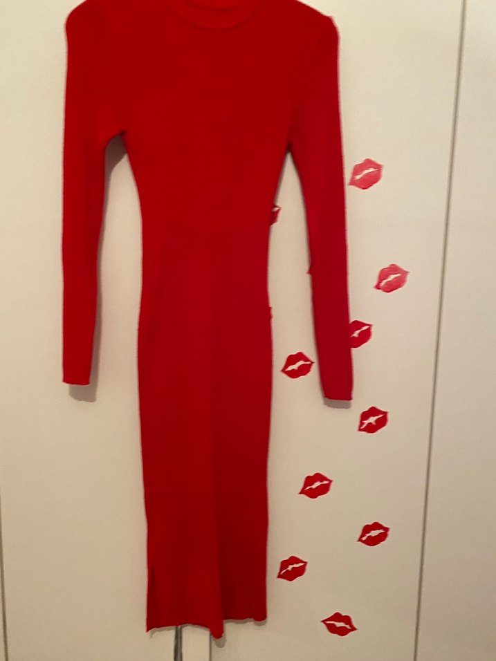 Kemerli Uzun Kollu Kırmızı Kadın Elbise - Görsel 2