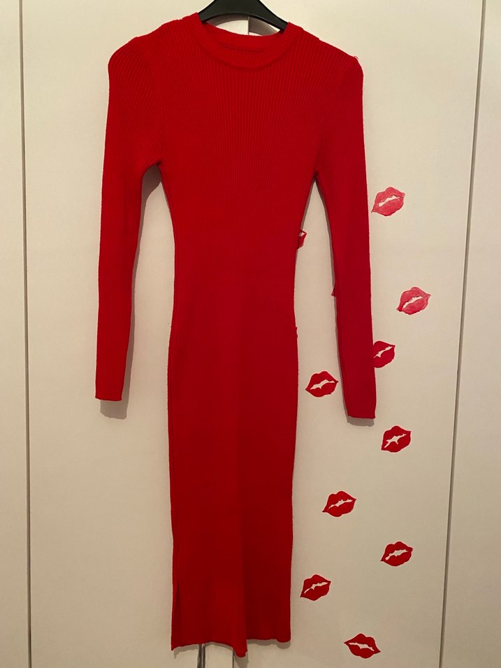 Kemerli Uzun Kollu Kırmızı Kadın Elbise - Görsel 3