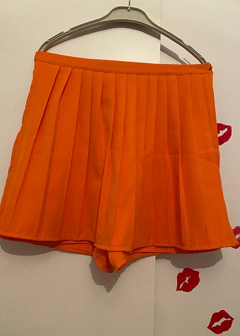 Parlak Turuncu Pilili Mini şort Etek - Görsel 2